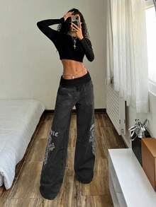 Jeans de pierna ancha con estampado de cruz lavado para mujer - Negro - Ver 6