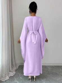 Elenzga Women's V-Neck Embroidered Waist Flared Sleeve Elegant Middle Eastern Style Dress - Mauve Purple - View 2