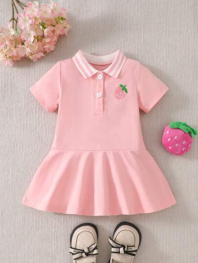 SHEIN Đầm polo cổ bẻ thêu hình bướm kiểu dáng thường ngày cho bé gái, thích hợp cho mùa hè.