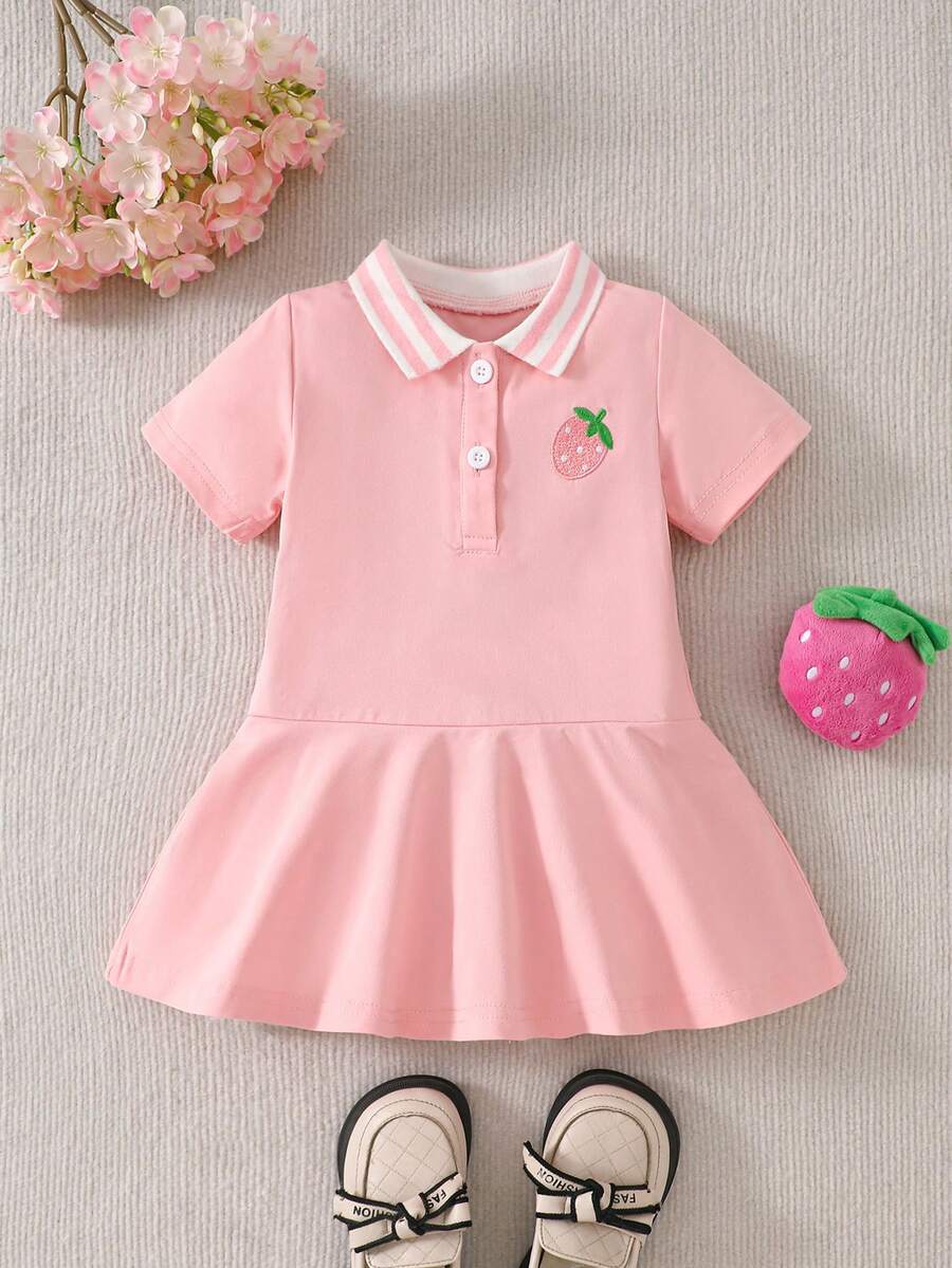 SHEIN 女婴休闲蝴蝶刺绣Polo领连衣裙，夏季 - 粉色 - 查看 1