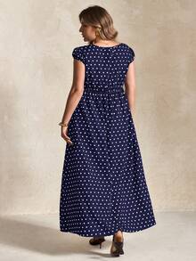 Elegantrix Plus Size Women's Spring/Summer Floral Contrast Polka Dot Print Casual Office Dress - Blue - View 3
