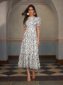 ZEYLAH Short Sleeve Vacation Embroidered Long Dress - Black - View 7