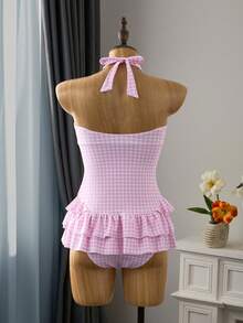 Bộ đồ bơi liền thân cổ chữ V xếp ly màu hồng trắng kẻ caro ngọt ngào dành cho nữ, kèm váy, gồm 2 món đồ bơi và trang phục đi biển. - Hồng - Xem 2