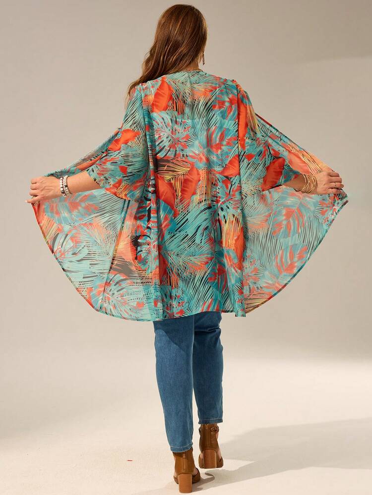 Plus Size Summer Vacation Leaf Print Asymmetric Hem Front Open Jacket
