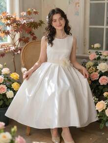 Cream White Floral Prom Dress For Teens, Elegant Satin Umbrella Dress, Birthday Outfit Women's Summmer Dresses Sleeveless Dresses Midi Dresses Dresses For Women Elegant Dresses For Women Dress For Women Special Occasion Wedding - Beige - View 3