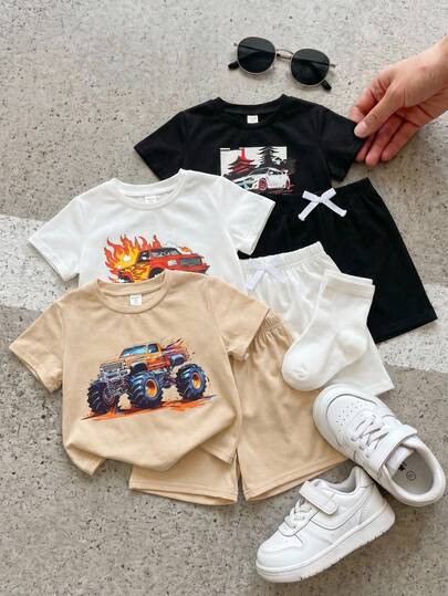 3pcs/Set Kids Summer Casual Car Graphic Round Neck Short Sleeve T-Shirt And Shorts 2-Piece Outfit, High Cost-Effective Multi-Pack Suitable For Outdoor Play, Street Photography, Party, Home Leisure, Suitable For Kids Outfits, Young Boy Clothes, Back To School, Birthday Parties, Evening Parties, Performances, Weddings, Baptisms, Opening Ceremonies, Middle Eastern Clothing, Daily Use, School, Travel, Sports, Spring And Summer Seasons