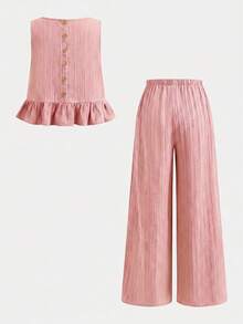SHEIN 少女春夏休闲度假时尚编织纹理蓝色无袖上衣搭配直筒裤套装，适合度假、派对、优雅场合、返校季、春季野餐、日常穿着。 - 粉色 - 查看 2