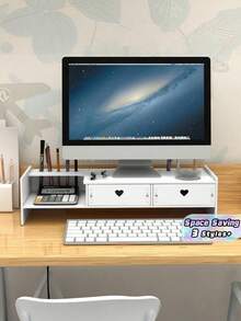 1pc Sturdy Multifunctional Desktop Monitor Stand Riser With Storage Shelf Computer Screen Holder Base Office Workstation Desk Organizer Space Saving Ergonomic For Home Office Learning Desk Study Room Supplies Adjustable For Most Monitors Home Office Must Have - White - View 1
