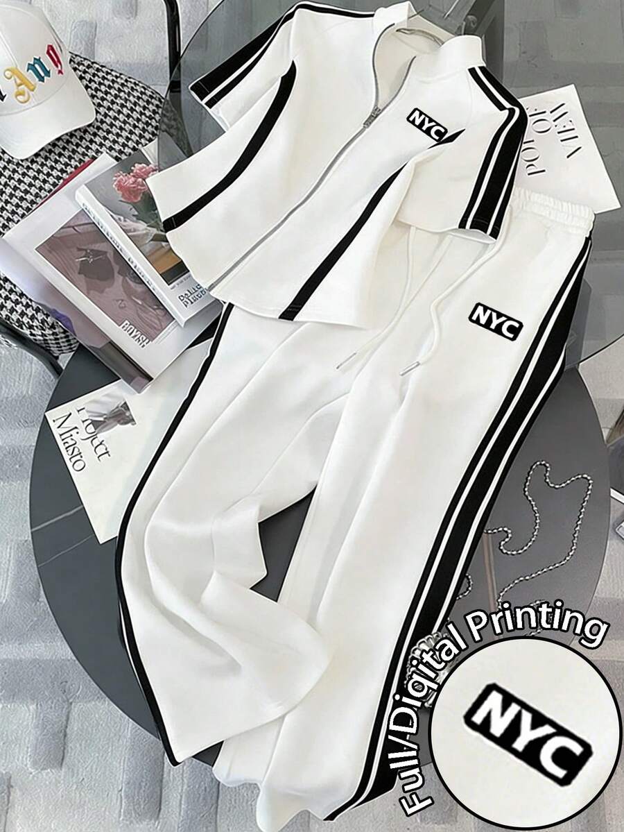 Resyla Collared Raglan Short Sleeve Cardigan Top + Casual Pants Set - White - View 1