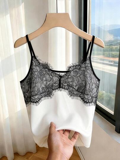 GlowEve CURVE Elegantes Top in Große Größen für Frauen, sexy Spitzen-Patchwork-Design ärmellos Kleid, verstellbarer V-Ausschnitt Träger locker Weste Top, niedliches Spitzen-Top, Spitzen-Futter Trägerhemd, Spitzen-BH