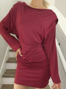 Sydney Algeri Vestido mini suelto de manga larga con escote profundo y espalda descubierta, de color marrón/café sólido, adecuado para cóctel, cita romántica, reunión, evento formal, dama de honor, salida nocturna, Halloween, Navidad - Burdeos - Ver 3