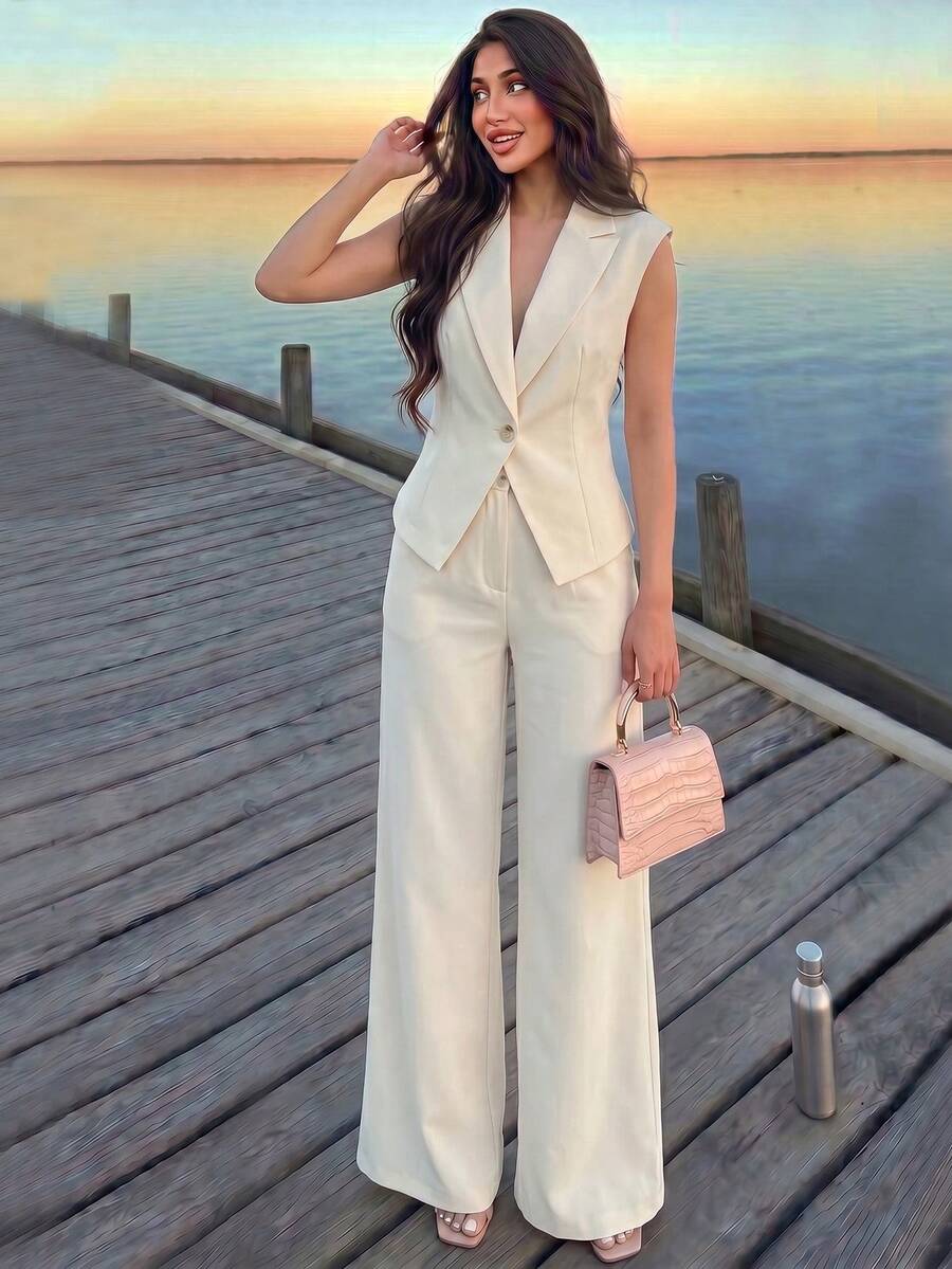 Modelyn Bộ đồ nữ màu mơ dệt kim không tay, dáng chữ A, thắt eo, gồm áo và quần ống đứng, trang phục thường ngày thoải mái cho mùa xuân/hè.