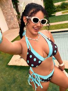 Swim Mod Plus Size Contrast Color Polka Dot Print Halter Knotted Split Bikini Swimwear, 2pcs Set, Essential For Summer Holiday Beach Travel - Multicolor - View 2