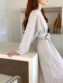 女士格子长袖睡袍，心形印花，优雅宽松家居服睡衣，柔软舒适休闲家居服，适合春秋季穿着，可爱返校睡衣，中长款 - 彩色 - 查看 7