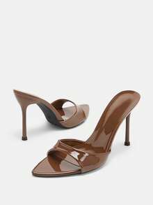 Glitzique Damen High Heel Spiegelmule mit geraffter Taille, klassisch für Frühling/Sommer Nachtpartys, Bankette, Outdoor, Mode, Laufsteg, Hochzeit, Zuhause, Casual Schuhe. Mit geraffter Taille, Spitze Zehenpartie, elektroplattierter Stiletto-Absatz, hochwertig glänzendes einfarbiges Material, Schlupfeinstieg, elegante High-End Mode Schuhe in Schokoladenbraun. - Schokoladenbraun - Übersicht 8