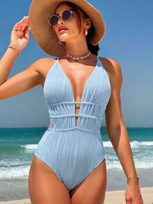 Swim Vcay Women's Solid Color Deep V Sexy Spaghetti Strap One-Piece Swimsuit - Blue - View 3