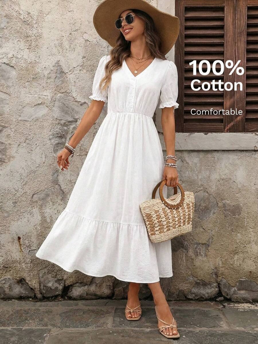EMERY ROSE Women's Casual Cottage Core French Style Solid Color Dress Holiday Tea Party Vacation White Summer Country For Women Dresses Cotton And Linen - White - View 1