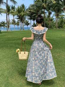 DAZY Women's Floral Print Patchwork Ruffle Hem Elegant Dress Sun Dresses For Women Vacation Outfits Women - Blue - View 4