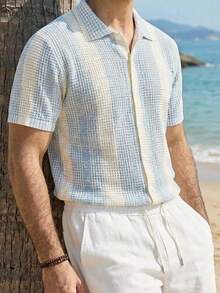 DAZY Blue & White Contrast Color Cardigan For Plus Size Men Vacation - Multicolor - View 1