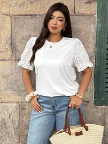Vionelle Camiseta casual de manga corta con cuello redondo y bordado para tallas grandes - Blanco - Ver 4