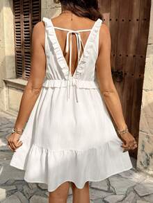 SHEIN Maternity Solid Color Deep V-Neck Ruffle Hem Sleeveless Dress - White - View 2