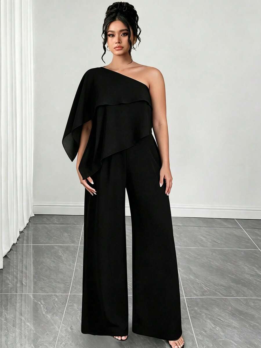 Elenzga Mono de mujer talla grande con hombros descubiertos y bajo asimétrico, de gasa de color liso, elegancia de alta gama, corte holgado, atuendo de verano para mujer, invitada de boda - Negro - Ver 1