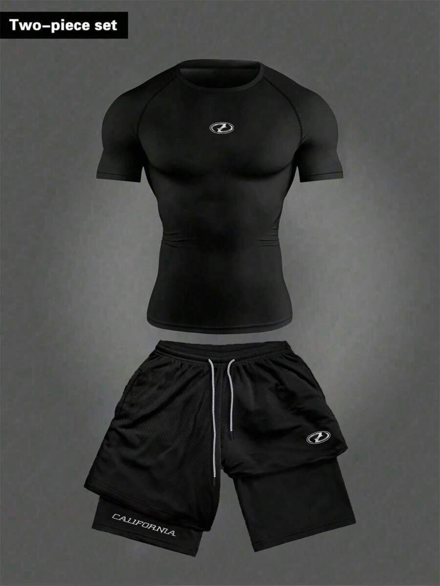 RISE LYT Men's Geometric Print Raglan Short Sleeve T-Shirt And 2 In 1 Shorts Sports Suit, Gym - Black - View 1