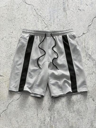 EVRINFINITE Pantalones cortos deportivos de hombre de color gris claro con raya lateral negra, pespunte de contraste y cordón, estilo urbano