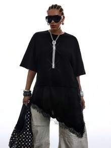 SHEIN EZwear 大码女式纯色圆领短袖撞色蕾丝不对称下摆休闲T恤 - 黑色 - 查看 3