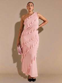 SHEIN BAE Plus Size Women Asymmetric Ruffle Hem Long Dress, Early Autumn - Baby Pink - View 1