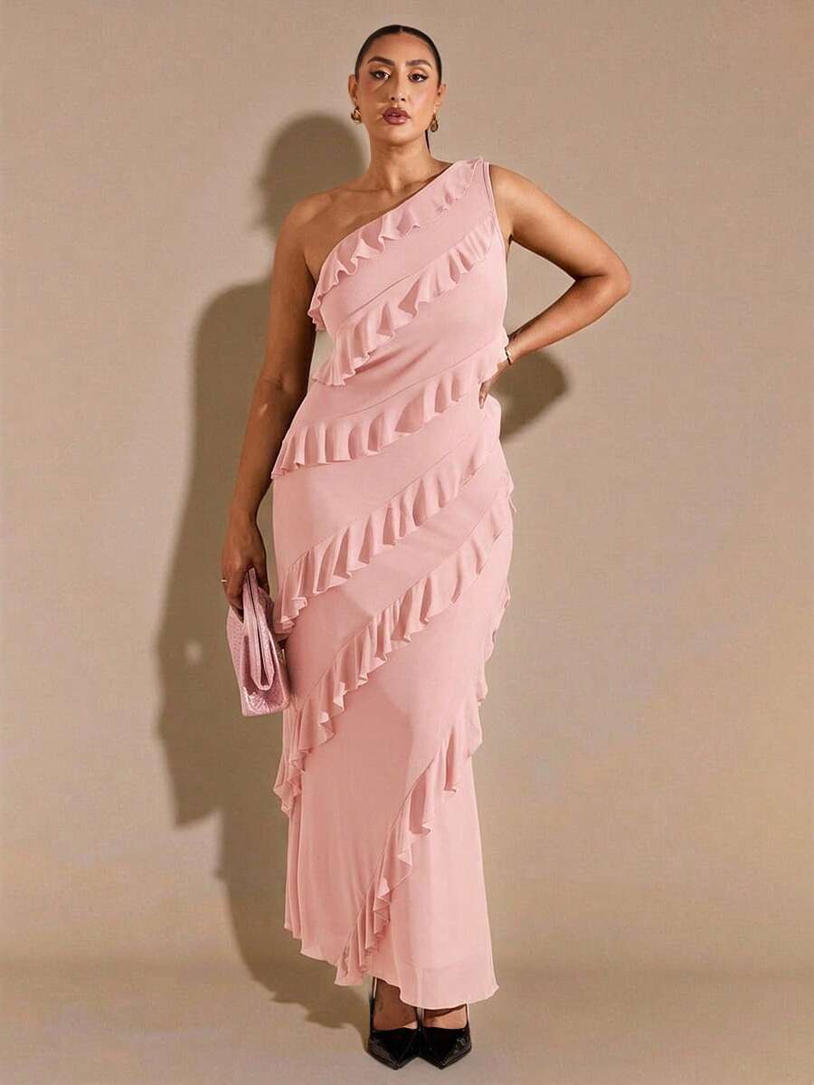 SHEIN BAE Plus Size Women Asymmetric Ruffle Hem Long Dress, Early Autumn - Baby Pink - View 1
