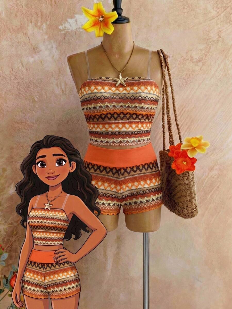 Bộ áo ống kẻ sọc và quần short thoải mái cho bé gái tuổi teen đi nghỉ mát. - trái cam - Xem 1