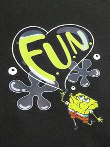SpongeBob SquarePants | SHEIN TOKVUE 男士休闲日常通勤趣味卡通字母印花落肩宽松T恤，夏季 - 黑色 - 查看 3