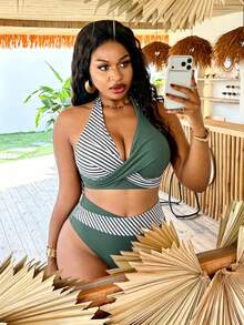 SHEIN Swim Vcay Bộ bikini cỡ lớn dành cho nữ, kiểu cổ yếm, họa tiết sọc, thích hợp cho kỳ nghỉ biển. - Nhiều màu - Xem 3