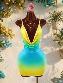 Amplova Plunging Neckline Rope Vacation Sleeveless Sexy Bodycon Ruched Mini Dress For Women - Blue - View 4
