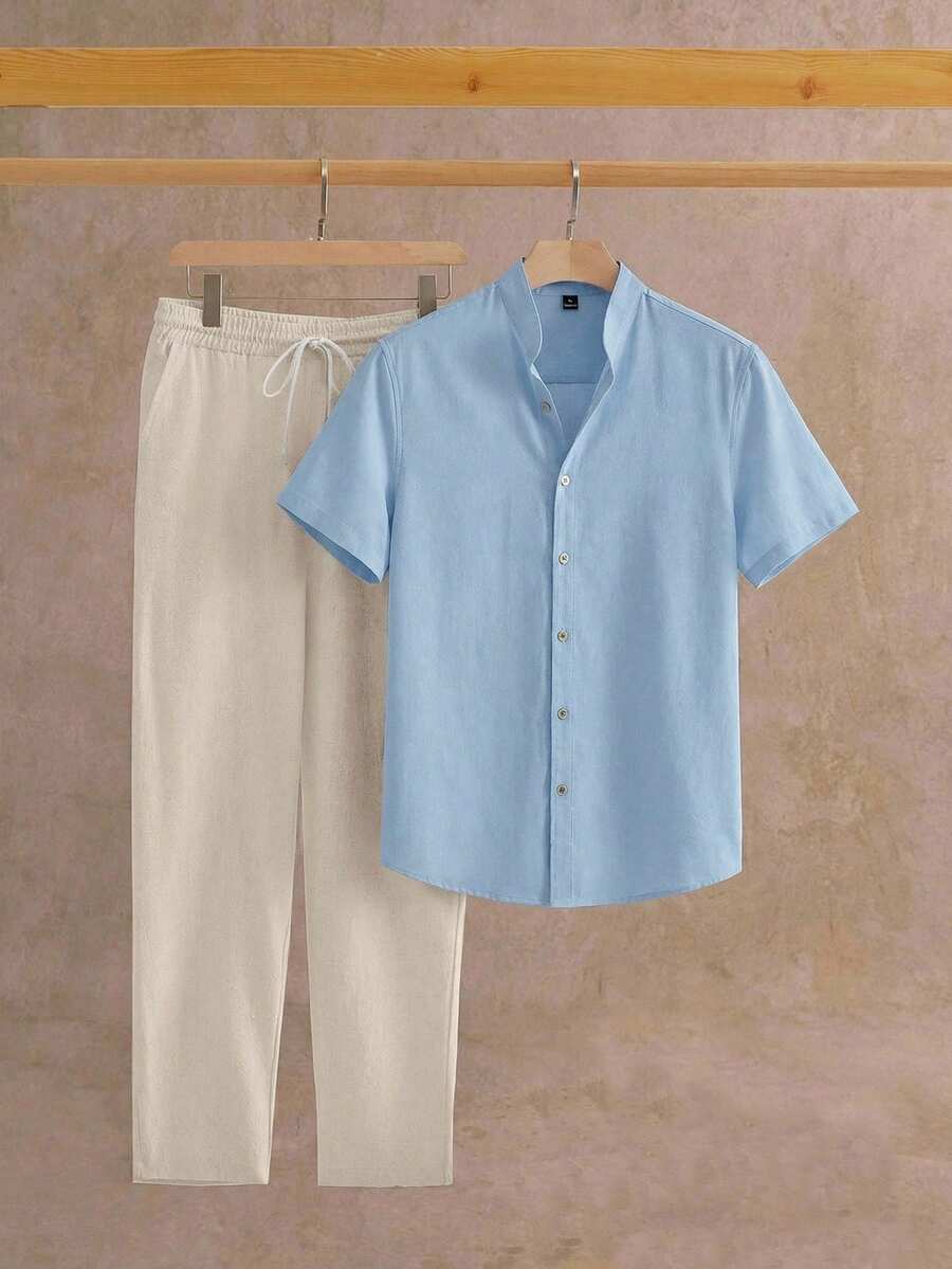HIMLAND Bộ 2 áo sơ mi nam dệt kim dáng ôm, cổ chữ V, tay ngắn, kiểu dáng thường ngày. - Màu xanh lam - Xem 1