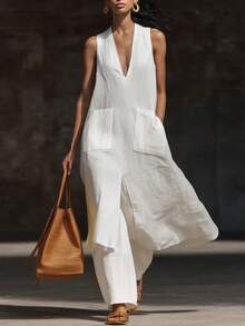 EMERY ROSE Débardeur ample à encolure en V pour femmes, débardeur minimaliste élégant sans dos en coton de style lin d'été, pantalon ample à jambes droites, style vacances - Blanc - Voir 1