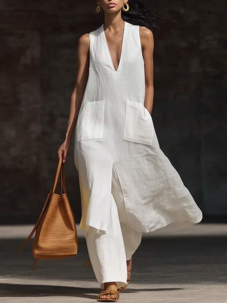 EMERY ROSE Débardeur ample à encolure en V pour femmes, débardeur minimaliste élégant sans dos en coton de style lin d'été, pantalon ample à jambes droites, style vacances - Blanc - Voir 1