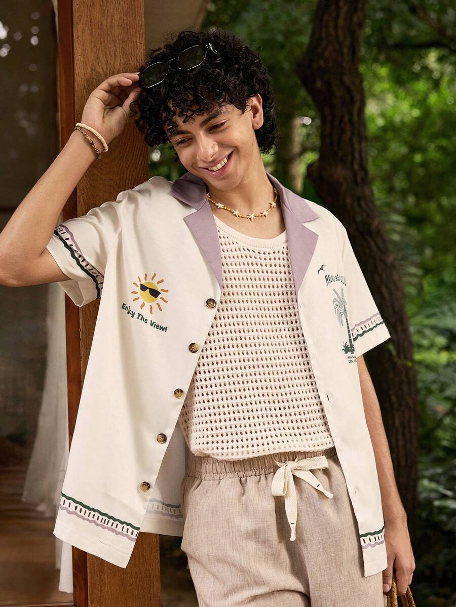 Open Phase Camisa de manga corta con estampado de árbol de coco, estilo elegante para hombres, Primavera/Verano 2025 - Albaricoque - Ver 1