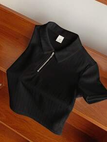 SHEIN Young Boys' Casual School Collar Short Sleeve Polo Shirt,Solid Color Textured Fabric,Suitable For Commuting,Daily Wear,Sports,Spring/Summer - Black - View 3