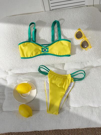 Swim Vcay New Brazil Flag Element Bikini, Yellow & Green Contrast Color Double Waist Strap Beach Vacation Swimwear Set