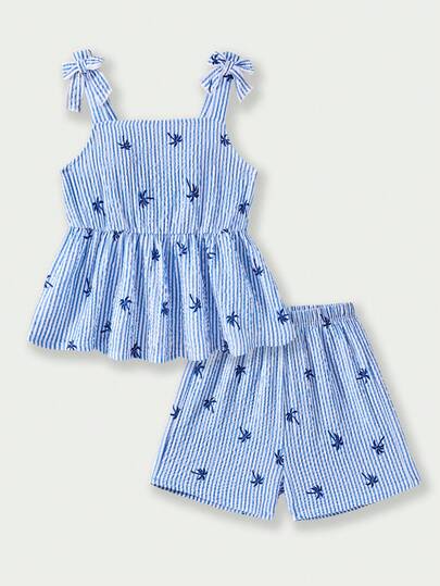 Casuvi Kids Bộ đồ 2 mảnh Casuvi dành cho bé gái tuổi teen: Áo hai dây dệt họa tiết kẻ sọc bong bóng và in kỹ thuật số họa tiết nhiệt đới, cùng quần short cạp chun, thích hợp mặc hàng ngày và đi nghỉ mát vào mùa xuân/hè.