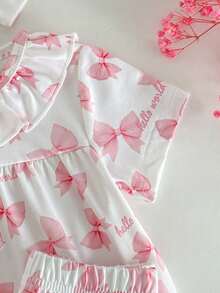 3pcs/Set Baby Girls' Cute Sweet White And Pink Bow Print Outfit,Soft Comfortable Short Sleeve Top,Pants And Headband,Summer Holiday Home Night Wear - Pink - View 3