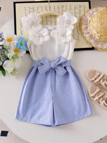 SHEIN Elladie kids 少女花卉細肩帶腰部連身褲，藍白配色，甜美舒適，大花腰帶，女孩夏季休閒穿搭 - 藍色 - 查看 9