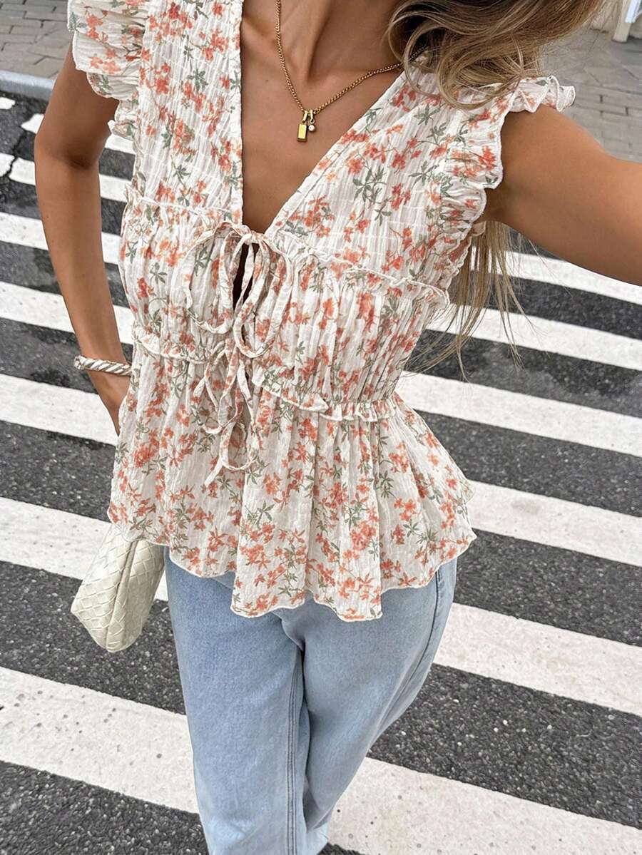 Serisse 女士夏季休闲碎花系带荷叶边衬衫 - 橘色 - 查看 1