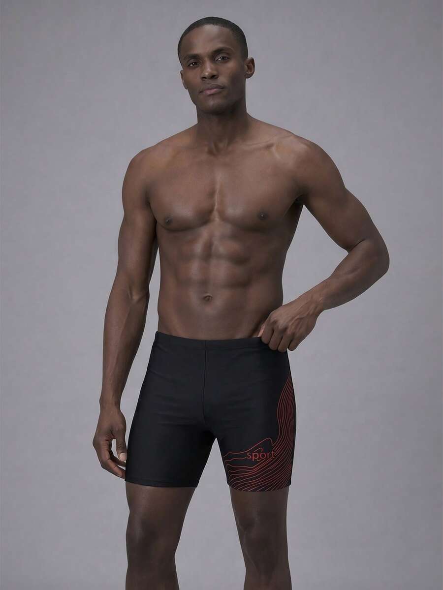 Surfspeed Bañadores casuales con cintura elástica y rayas de letras para hombres - Negro - Ver 1
