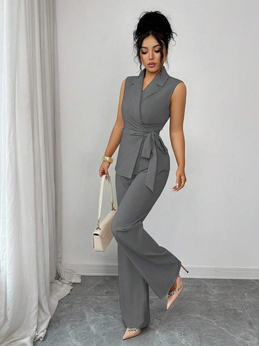 Selianne Elegant Romantic Vacation & Office Bow Tie Blazer Suit Set For Women - Dark Grey - View 1