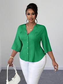 Maweii Plus Size Women's Solid Color Commuter Minimalist Notched Neck Half Sleeve Elegant Cardigan Casual Blouse, Spring/Autumn - Green - View 3