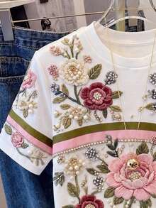 Camiseta de manga corta para mujer, estilo casual de vacaciones, con bordado floral y decoración de perlas artificiales. - Rosa 2 - Ver 4