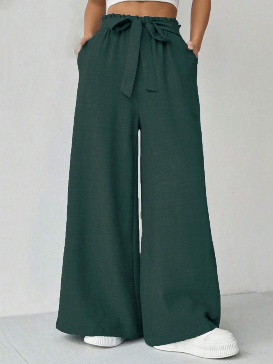 Women's Casual Versatile Solid Color Wide Leg Pants - Dark Green - View 1